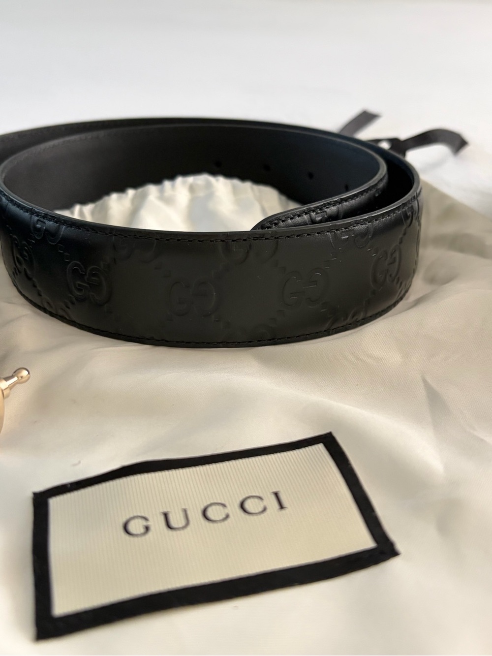 Gucci Black Embossed GG Leather Belt with Gold Double G Buckle - Picture 2 of 5